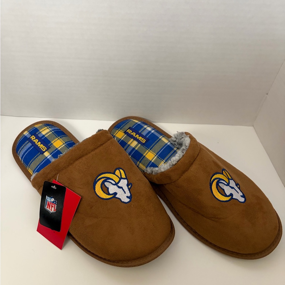 NFL Rams Brown Slippers with Blue and Yellow Plaid Size 13/14